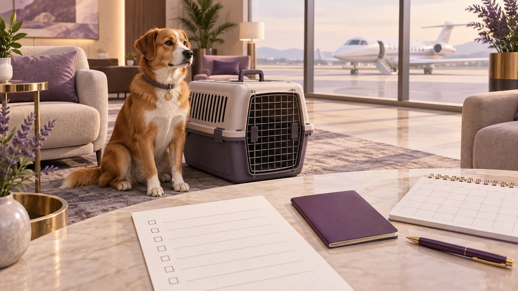 Illustration of a dog sitting beside a pet carrier in an airport lounge, with a checklist and calendar on a table and a private jet outside