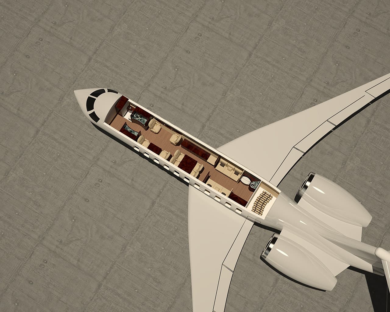 Top-down cutaway rendering of a private jet cabin seating layout