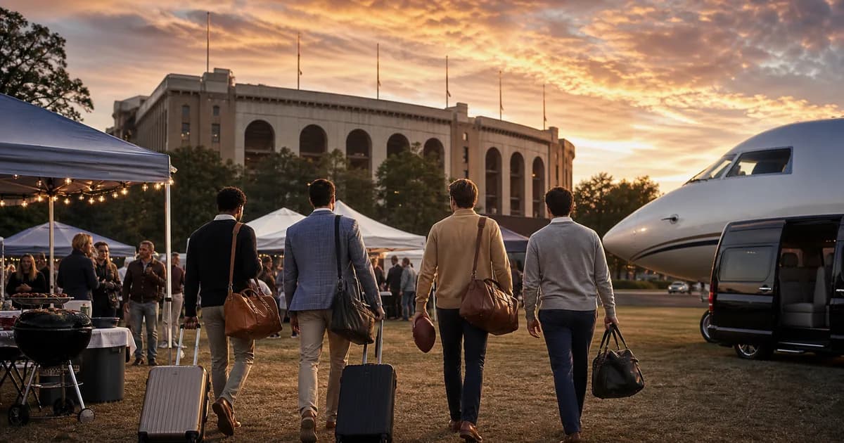 Travelers with luggage near a private aircraft and a football stadium