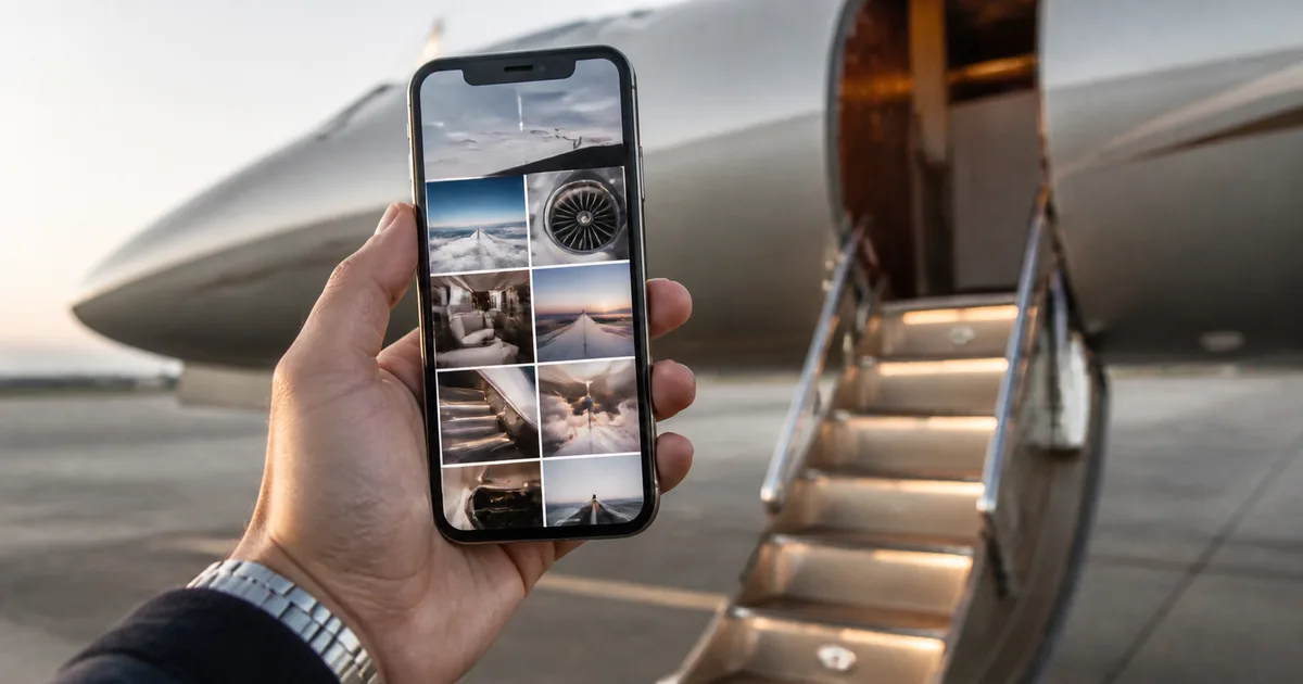 A traveler browsing photos on a phone beside aircraft boarding stairs