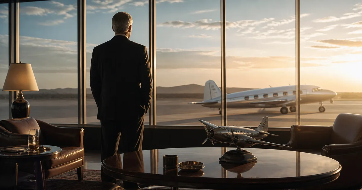 A traveler in an airport lounge overlooking a private aircraft
