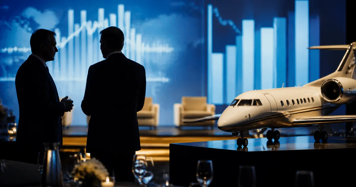 Two people studying financial charts beside a model jet