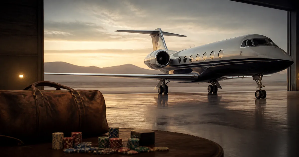Private jet parked outside a hangar at sunset