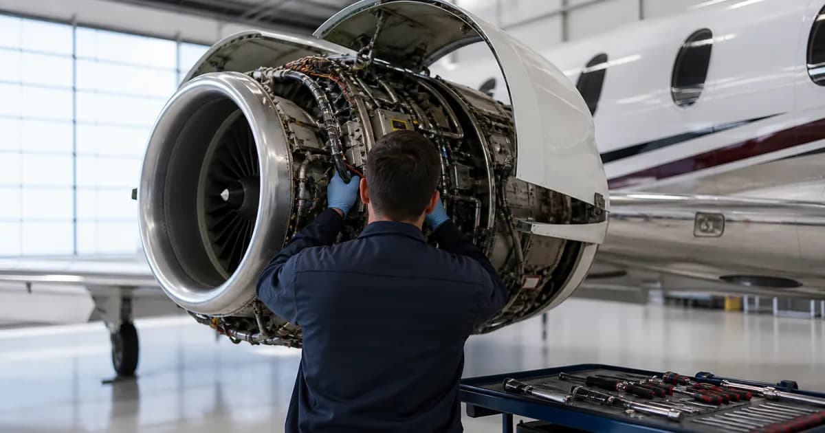 Aircraft technician inspecting an exposed jet engine in a hangar