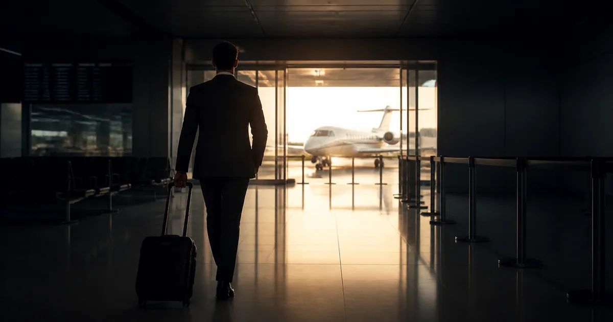 A traveler with a suitcase walking through an airport terminal