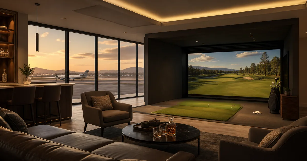 Airport lounge with a golf simulator and a view of aircraft