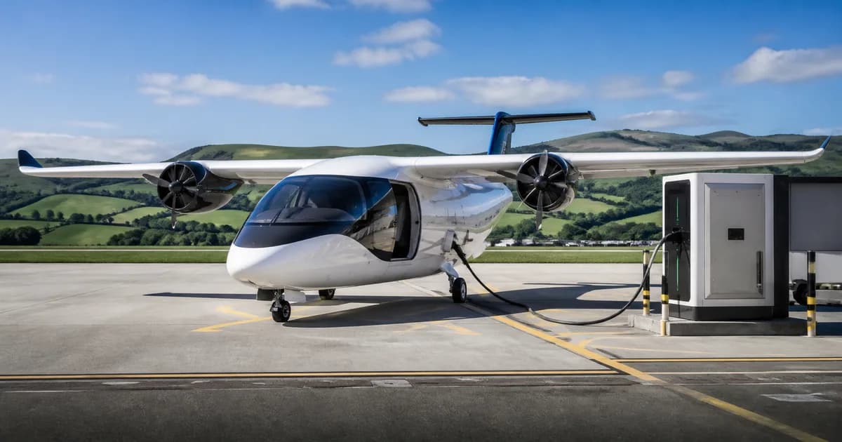 Concept illustration of an electric aircraft beside charging equipment