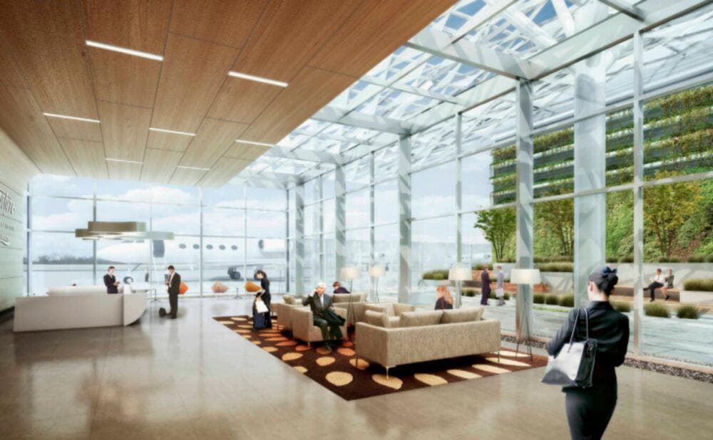 Architectural rendering of an airport lounge interior