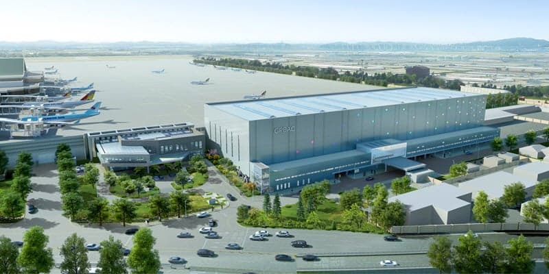 Architectural rendering of an aircraft hangar complex