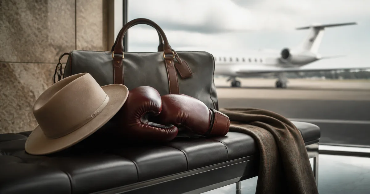 Travel bag, hat and boxing gloves in an airport lounge