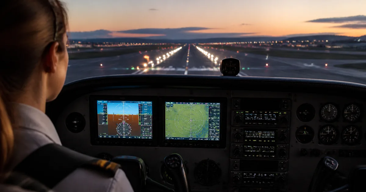 A pilot viewing an illuminated runway from an aircraft cockpit