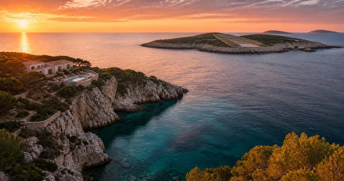 A rocky coastline and islands at sunset