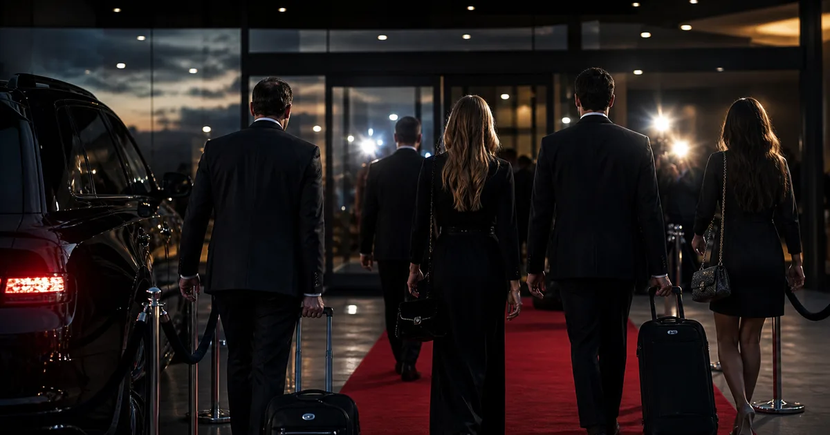 Travelers walking along a red carpet at an airport at night
