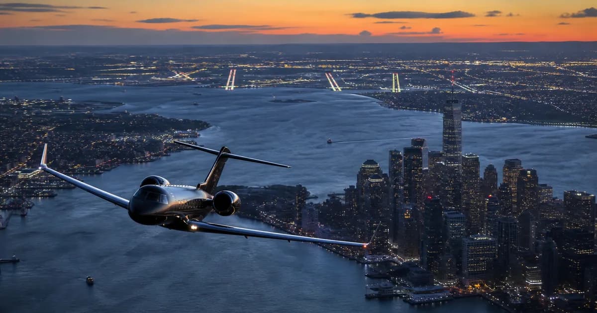 Private jet above a city and river at sunset