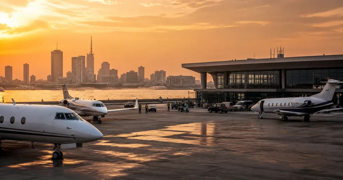 Private aircraft parked beside a terminal with a city skyline beyond