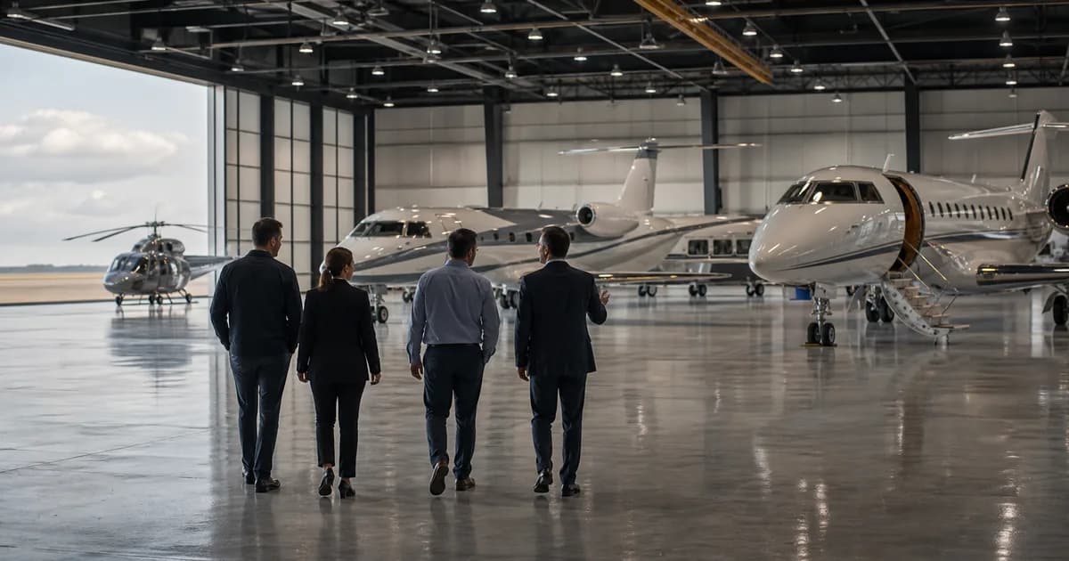 A group walking through an aircraft hangar