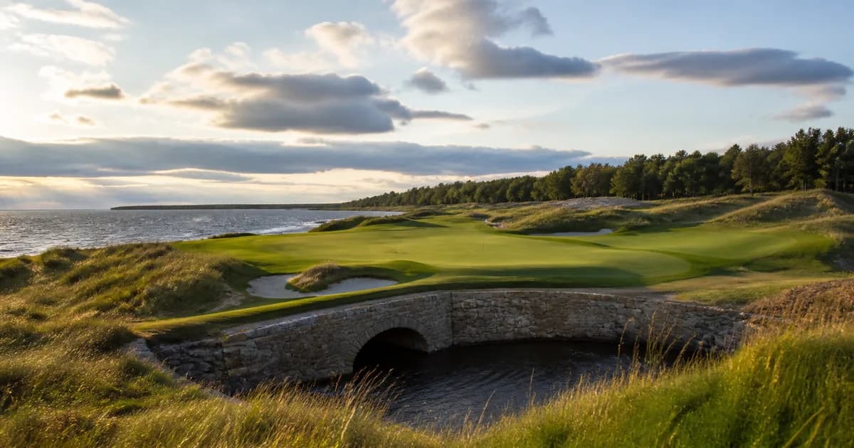 Coastal golf course with a stone bridge
