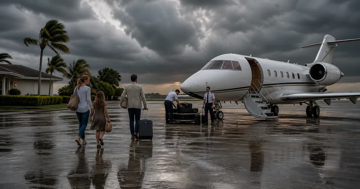 Travelers walking toward a private aircraft under storm clouds