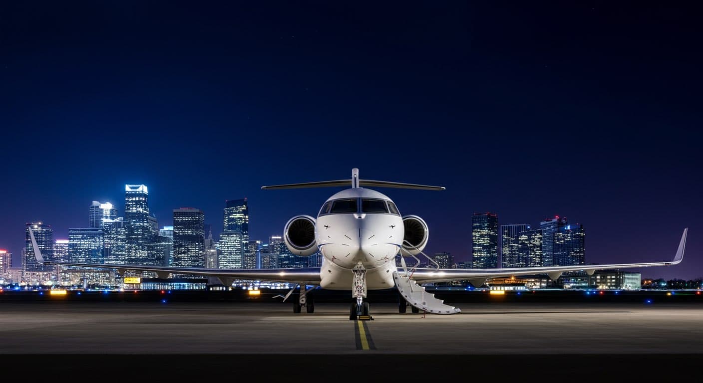 AI-generated illustration of private jet viewed from the front on an apron with an illuminated city skyline