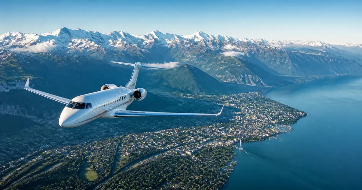 Illustration of a private jet above a mountain lake