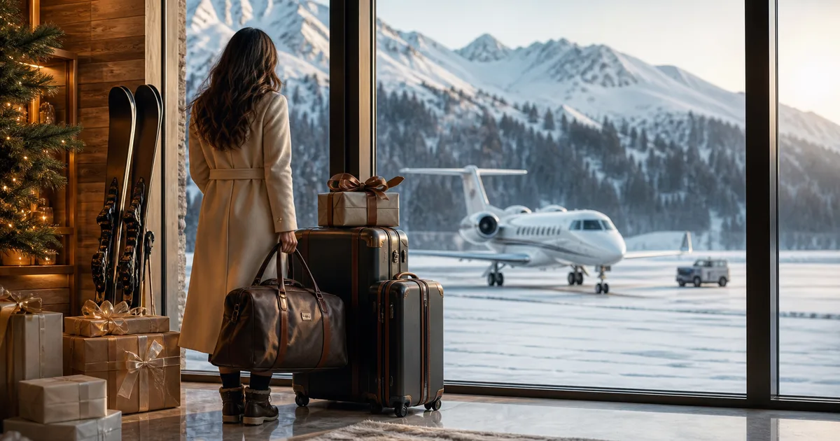 A traveler with luggage overlooking an aircraft near snowy mountains