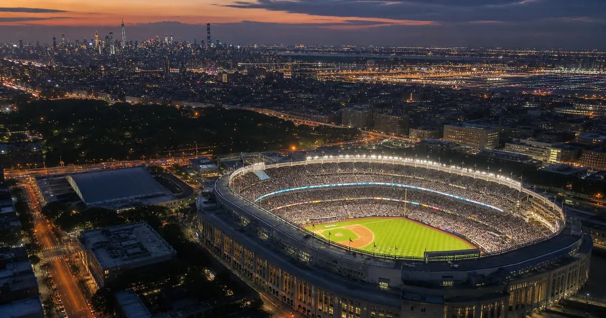 Aerial view of an illuminated baseball stadium