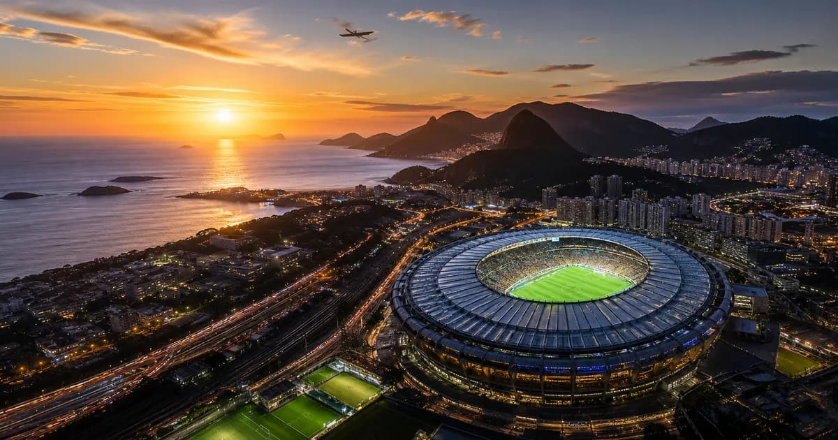 Illustrated coastal city and football stadium at sunset