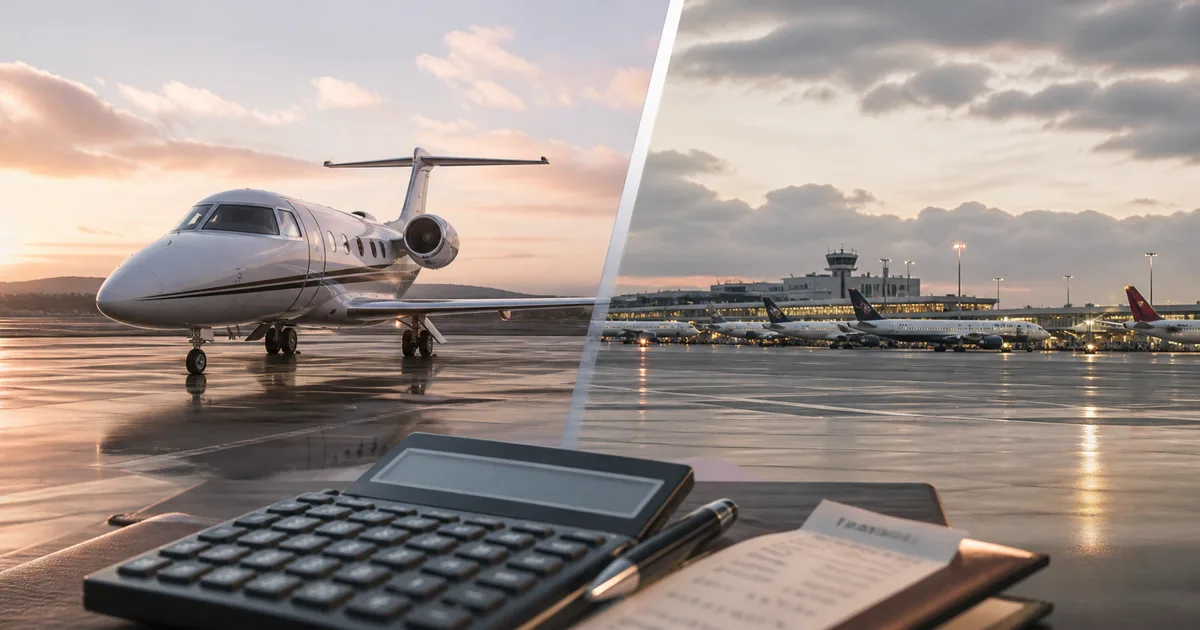 A calculator and paperwork with private aircraft in the background