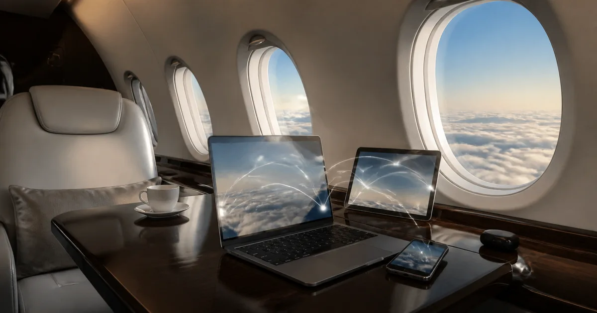 A laptop and phone on a private aircraft cabin table above the clouds