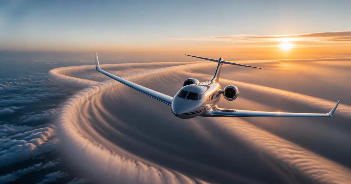 Illustration of a private jet above swirling clouds