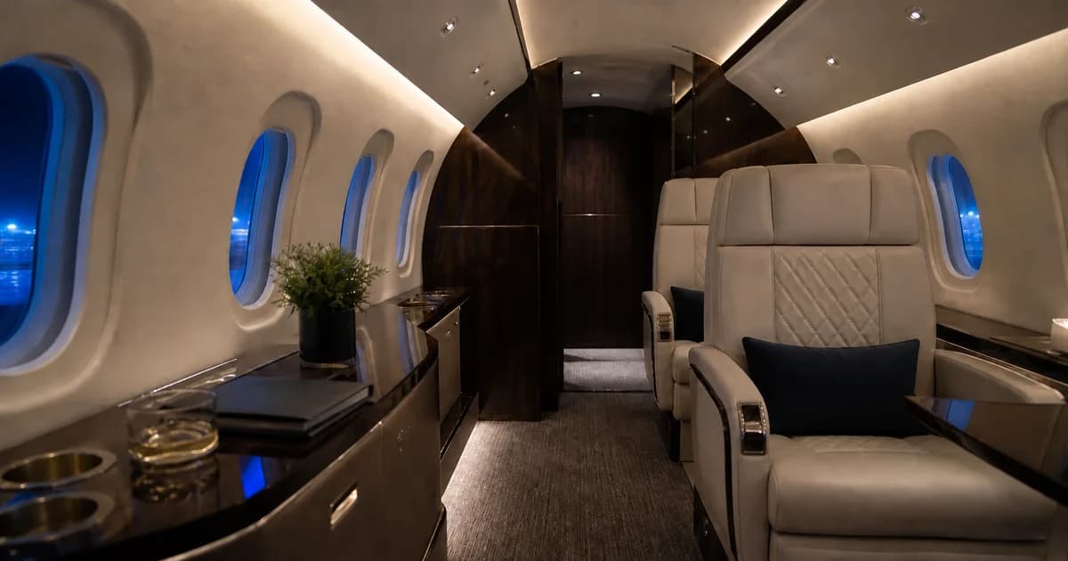 Private aircraft cabin with blue lighting at night