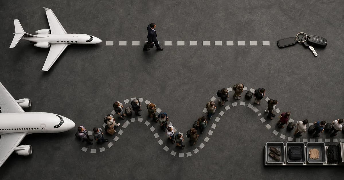 Illustrated comparison of private boarding and commercial airport queues