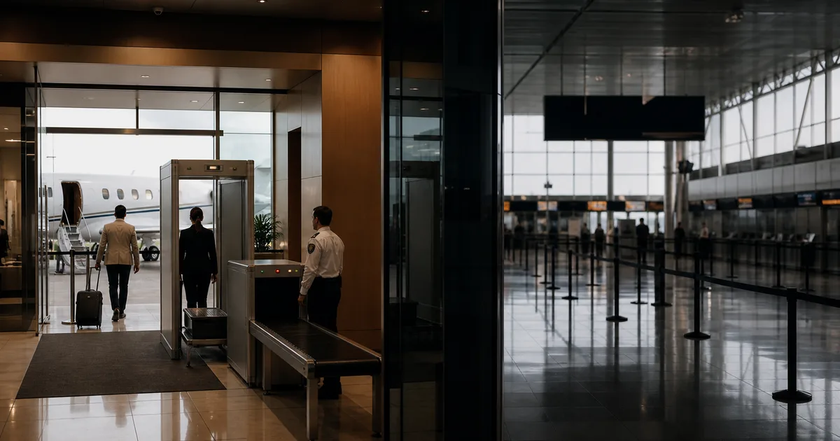 An airport lounge beside a terminal concourse with waiting travelers