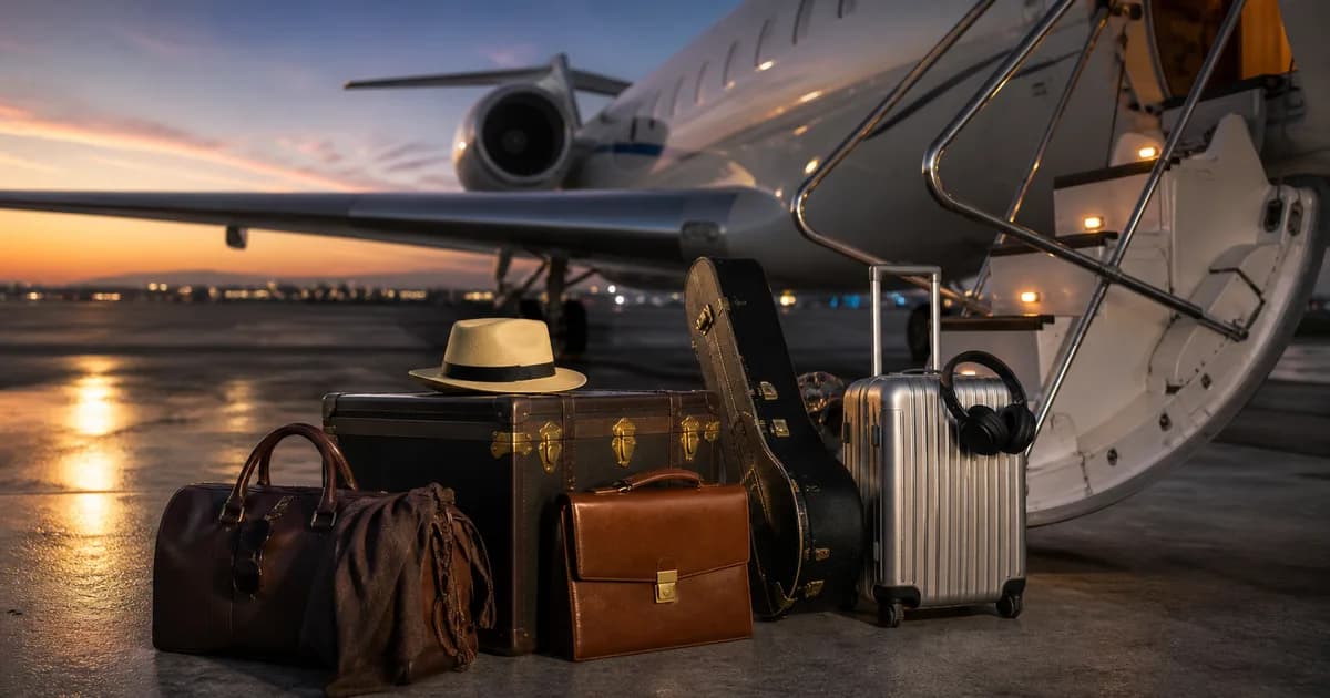 Travel bags beside private aircraft boarding stairs at dusk
