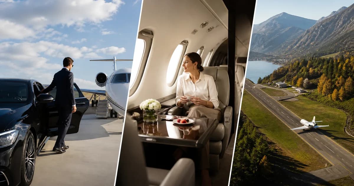 Three travel scenes showing boarding, a cabin meal and a mountain road