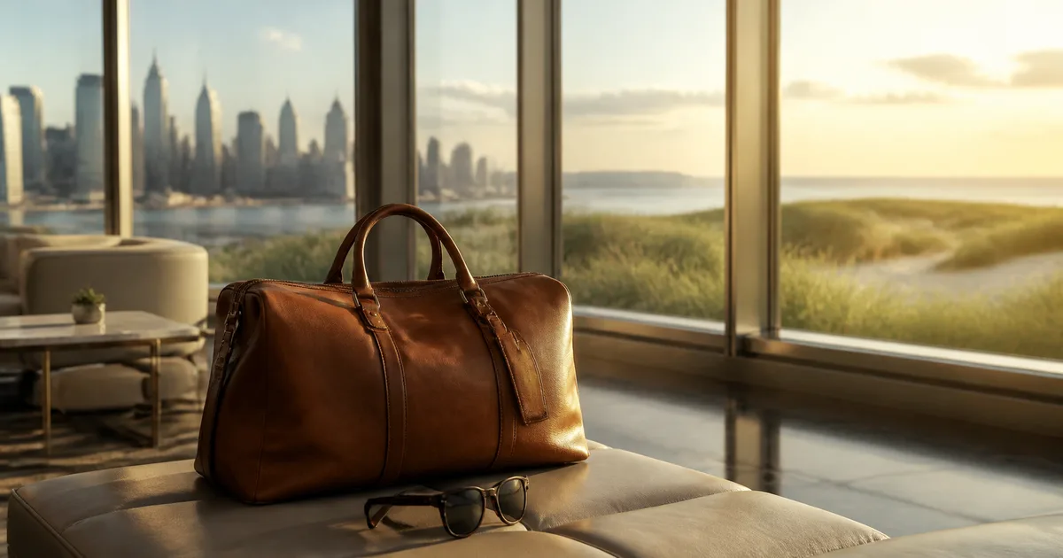 Travel bag in a lounge overlooking a city skyline and coastal scenery