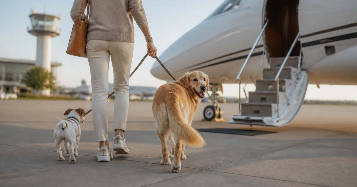 A traveler walking two dogs toward aircraft boarding stairs