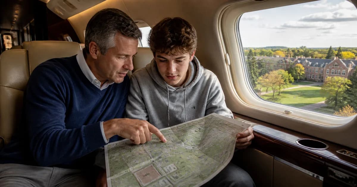 Two travelers reading a map in a private aircraft cabin