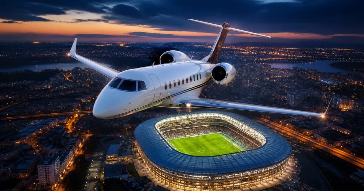 Illustration of a private jet above an illuminated football stadium