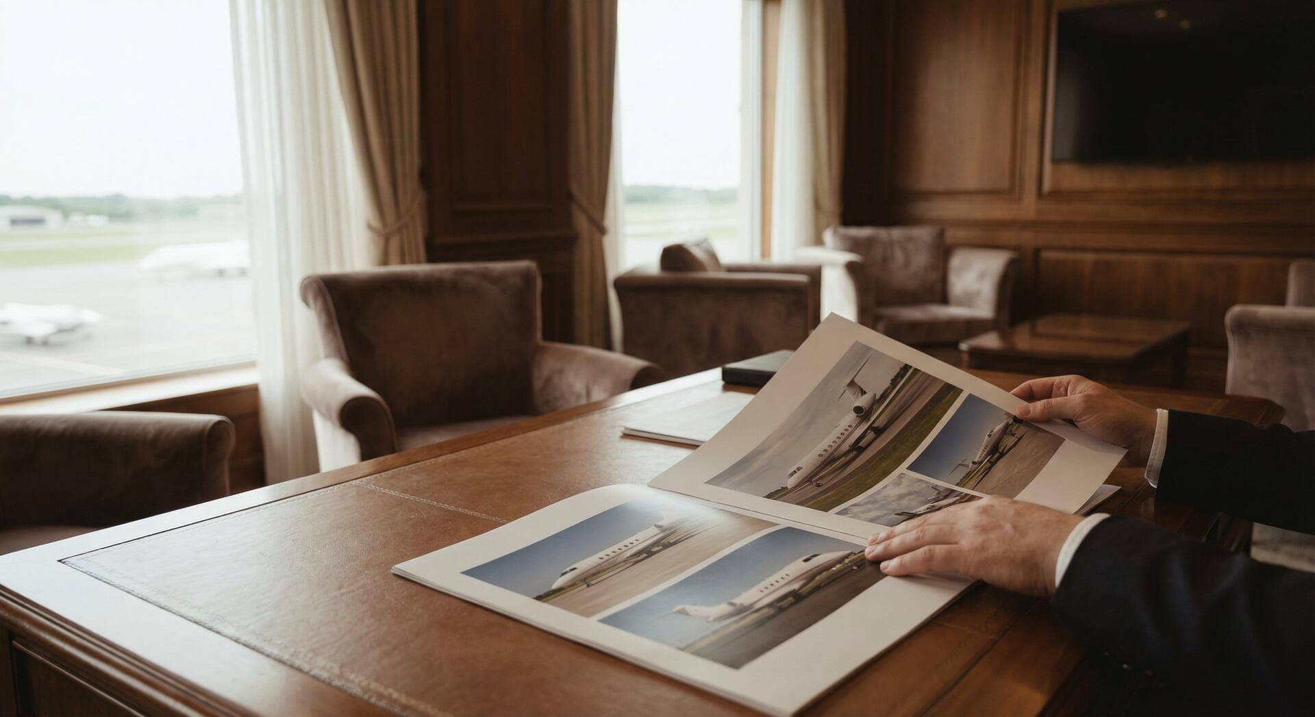 AI-generated illustration of a person reviewing printed material at an airport lounge table