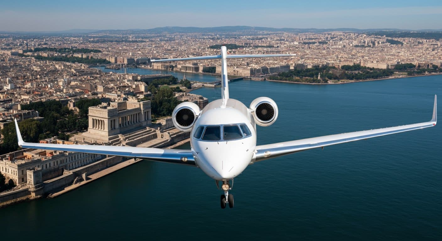 AI-generated illustration of a private jet above a waterfront city